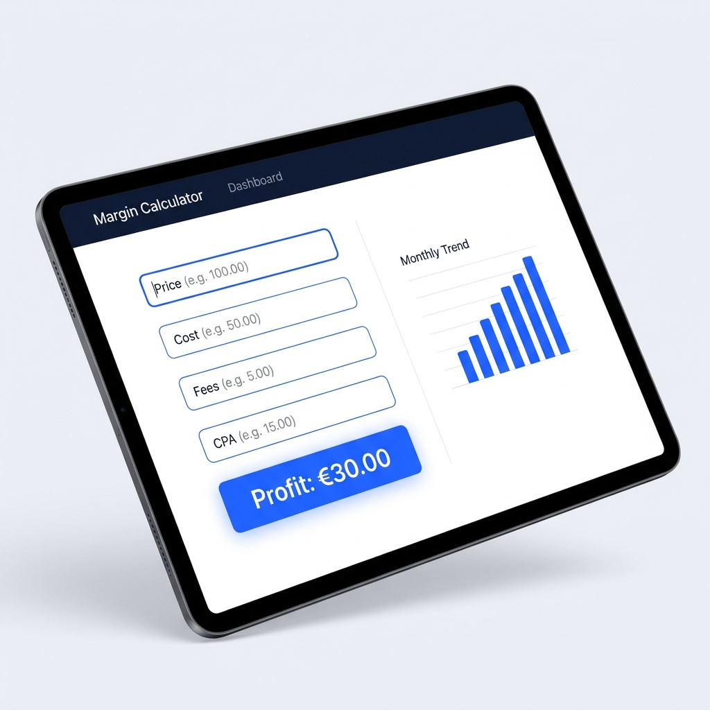 Margin Calculator showing price, cost, fees, CPA and estimated profit